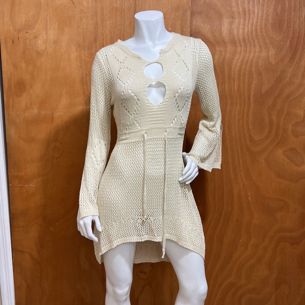 NEGS Crochet Knit Open Back High Low Bell Sleeve Tunic Mini Dress Cover Up S